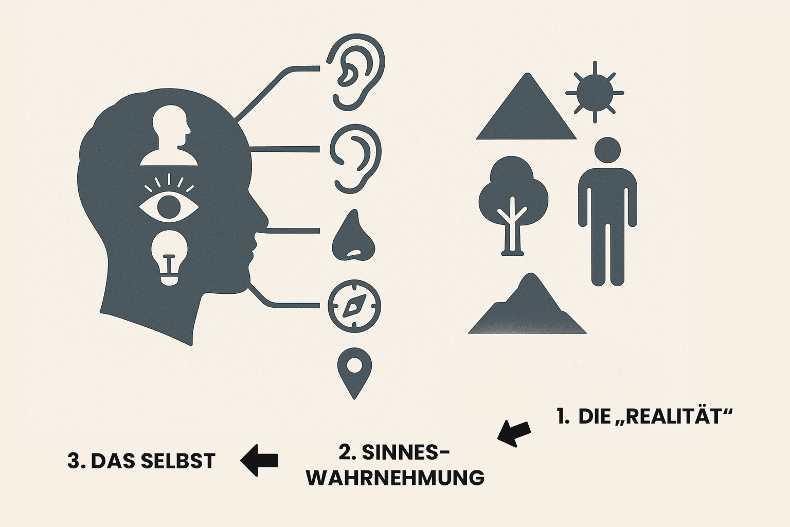 Die Realität (1.) erzeugt Sinneseindrücke (2.). Diese Sinneseindrücke geben dem Selbst (3.) eine Wahrnehmung von “der Realität”.
Die Realität, die das Selbst erzeugt, ist jedoch nicht “die Realität”, sondern seine eigene Realität.