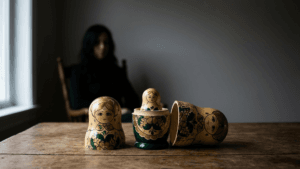 Eine geöffnete hölzerne Matrjoschka-Puppe, die eine kleinere Puppe im Inneren offenbart, steht hell erleuchtet im Vordergrund vor einem dunklen, ruhigen Hintergrund mit einer unscharfen weiblichen Silhouette.