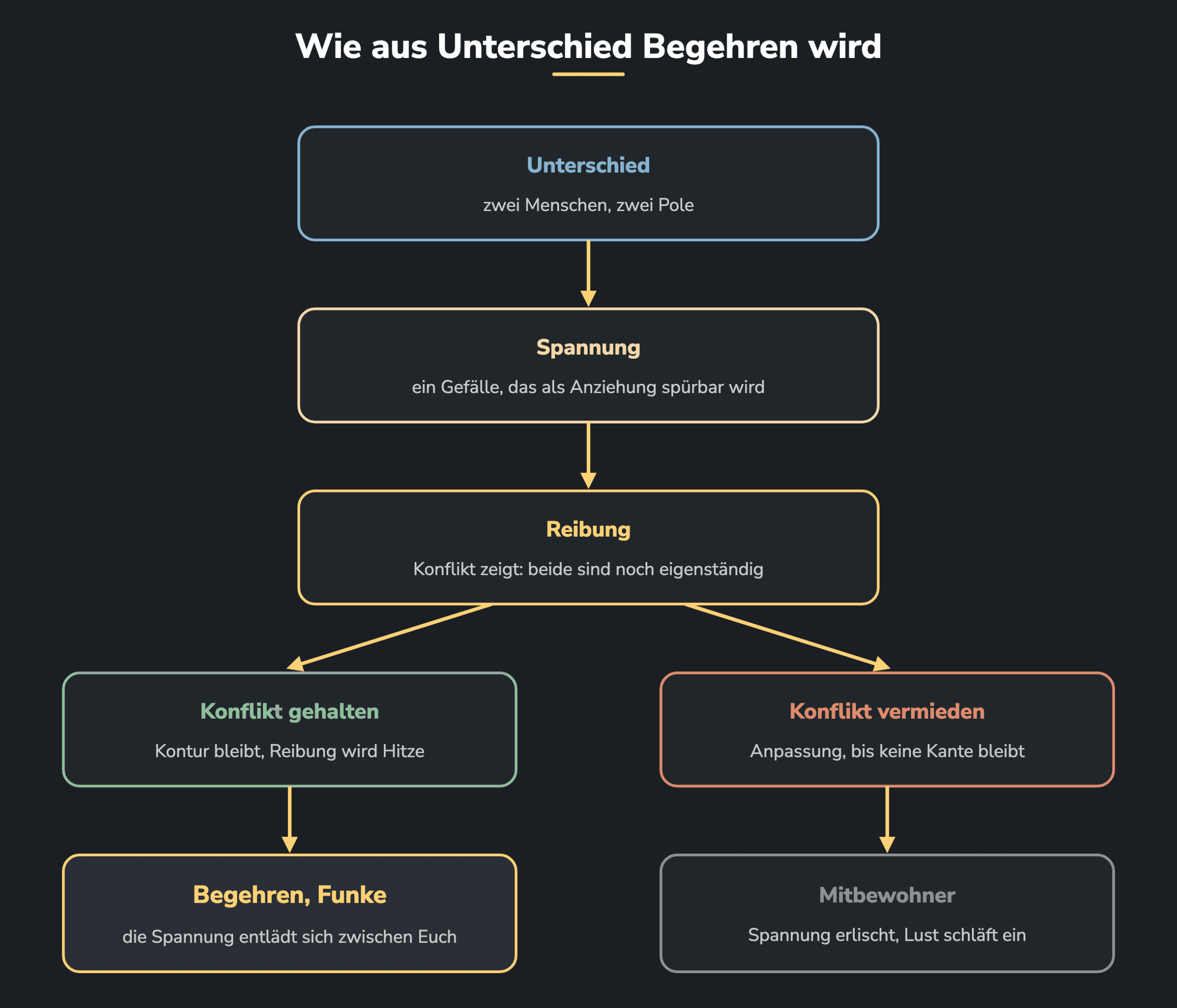 Ablauf von oben nach unten: Unterschied schafft zwei Pole, Pole erzeugen Spannung, Spannung führt zu Reibung im Konflikt; wird der Konflikt gehalten, entstehen Hitze und Begehren, wird er vermieden, gleichen sich beide an und die Lust erlischt.