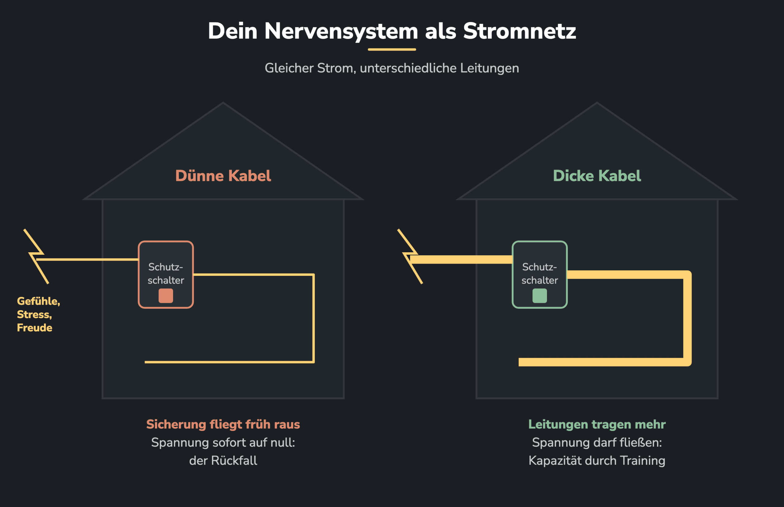 Grafik 1: Dein Nervensystem als Stromnetz. Links dünne Kabel, die Sicherung fliegt früh raus, die Spannung fällt sofort auf null: der Rückfall. Rechts dicke Kabel, die mehr tragen: Kapazität durch Training.