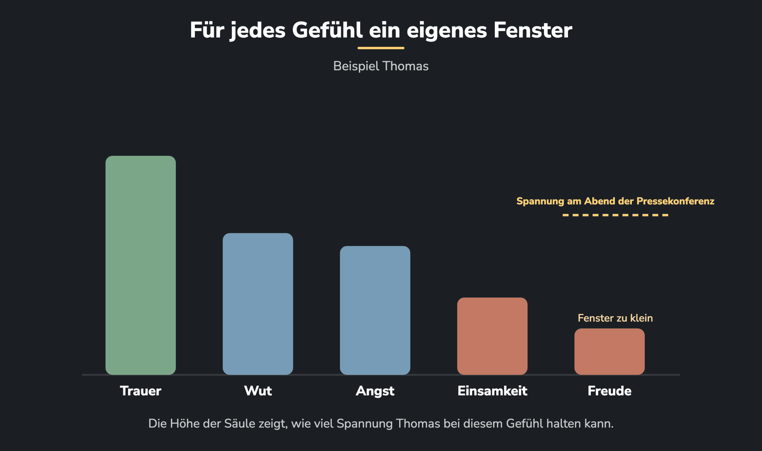 Grafik 2: Für jedes Gefühl ein eigenes Stresstoleranzfenster, am Beispiel Thomas. Trauer kann er gut halten, Wut und Angst mittel, Einsamkeit und Freude kaum.