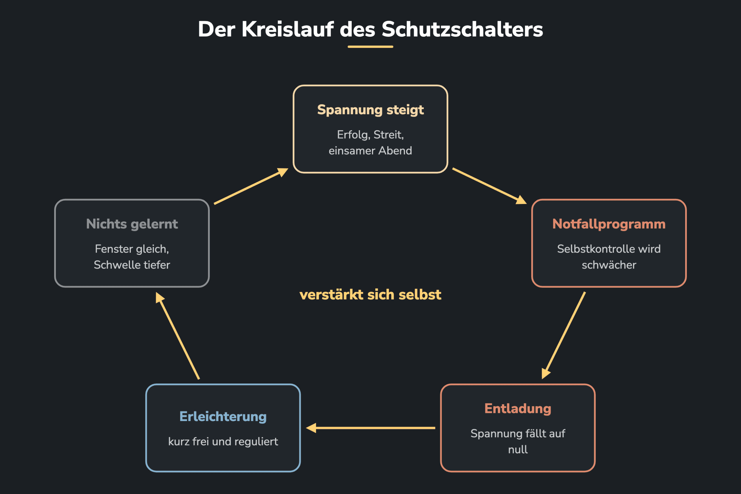Kreislauf in fünf Schritten: Spannung steigt, Notfallprogramm, Entladung, kurze Erleichterung, Fenster bleibt gleich und die Schwelle sinkt, dann steigt die Spannung erneut.