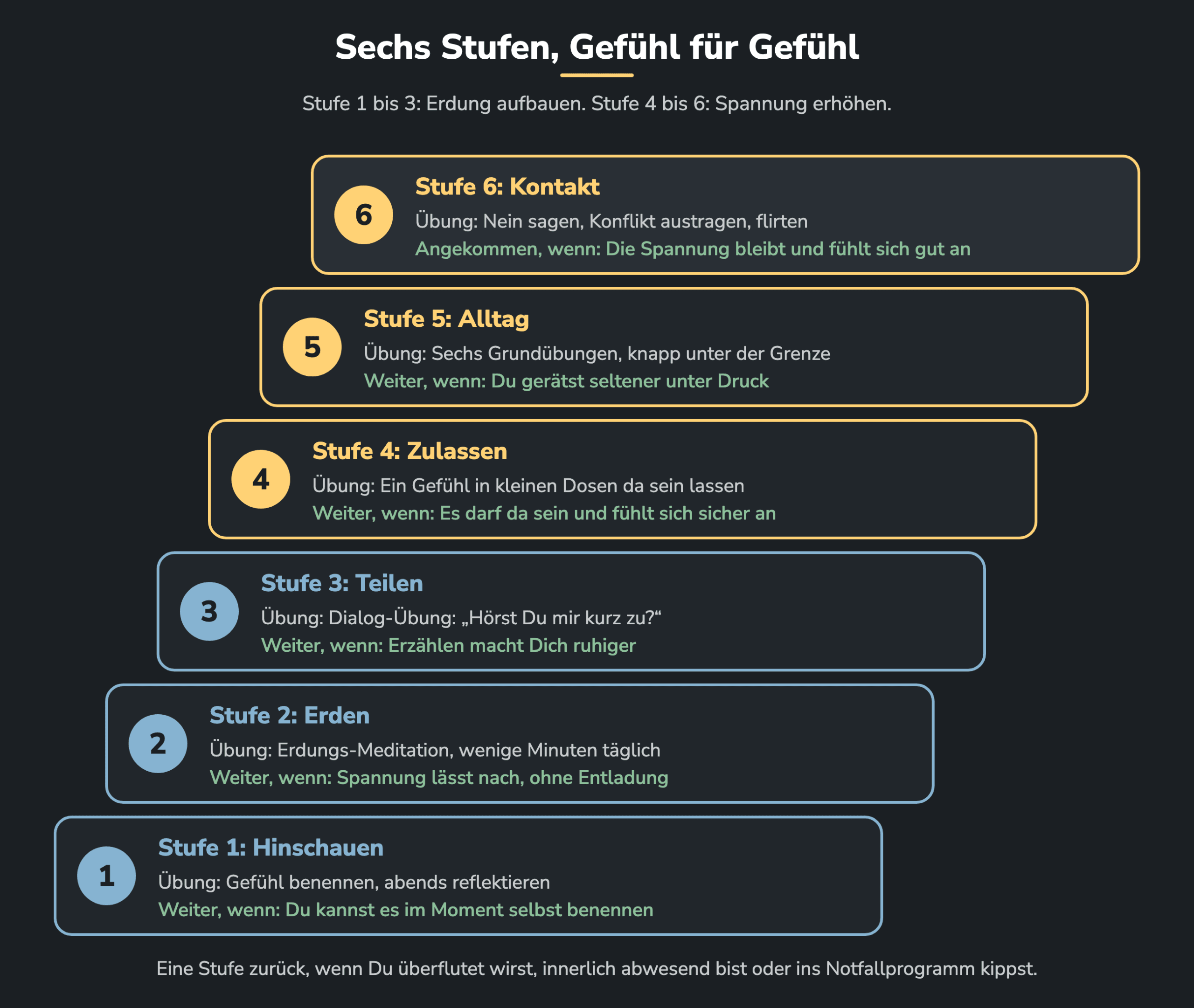 Treppe aus sechs Stufen von unten nach oben: 1 Hinschauen, 2 Erden, 3 Teilen, 4 Zulassen, 5 Alltag, 6 Kontakt, jeweils mit Übung und dem Zeichen, dass Du weiter darfst; eine Stufe zurück geht es bei Überflutung.