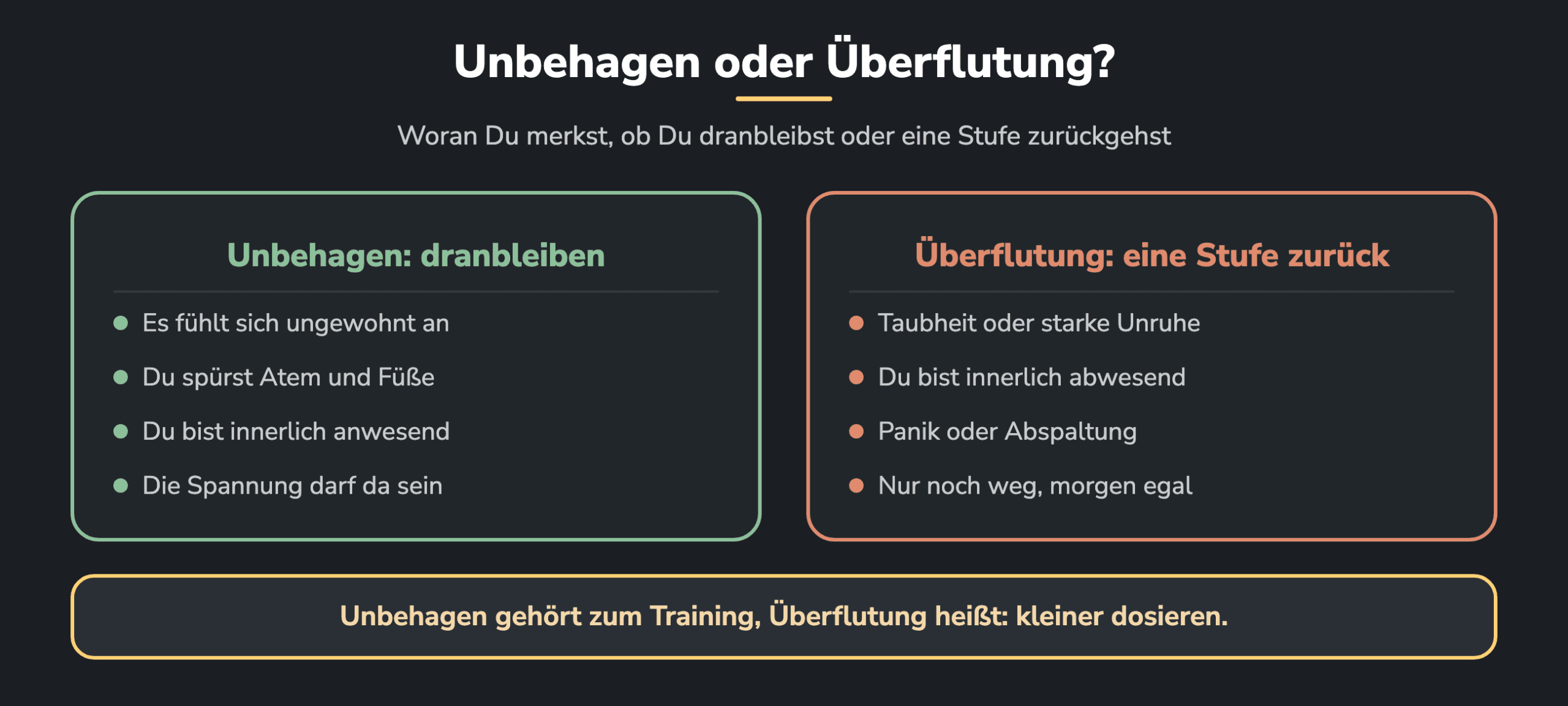 Vergleich in zwei Spalten: Unbehagen heißt dranbleiben, es fühlt sich ungewohnt an, Du spürst Atem und Füße und bist innerlich anwesend. Überflutung heißt eine Stufe zurück, erkennbar an Taubheit oder starker Unruhe, innerer Abwesenheit, Panik oder dem Gefühl, nur noch weg zu wollen.